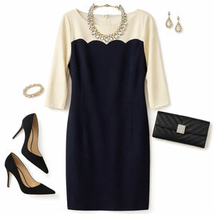 Talbots Navy & Cream Scalloped Sheath Dress Size 12